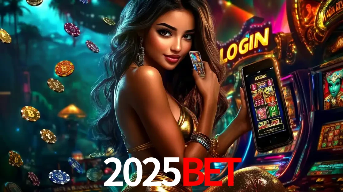 Mulher em um cenário de cassino temático de aventura, mostrando o app de caça-níqueis da 2025bet no celular. Fichas de apostas flutuam ao redor.