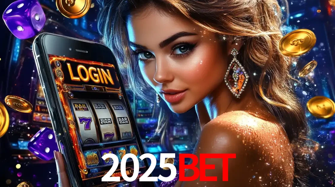 Mulher glamorosa segurando um smartphone com a tela de login para os jogos de caça-níqueis do cassino online 2025bet, com moedas de ouro e dados ao redor.