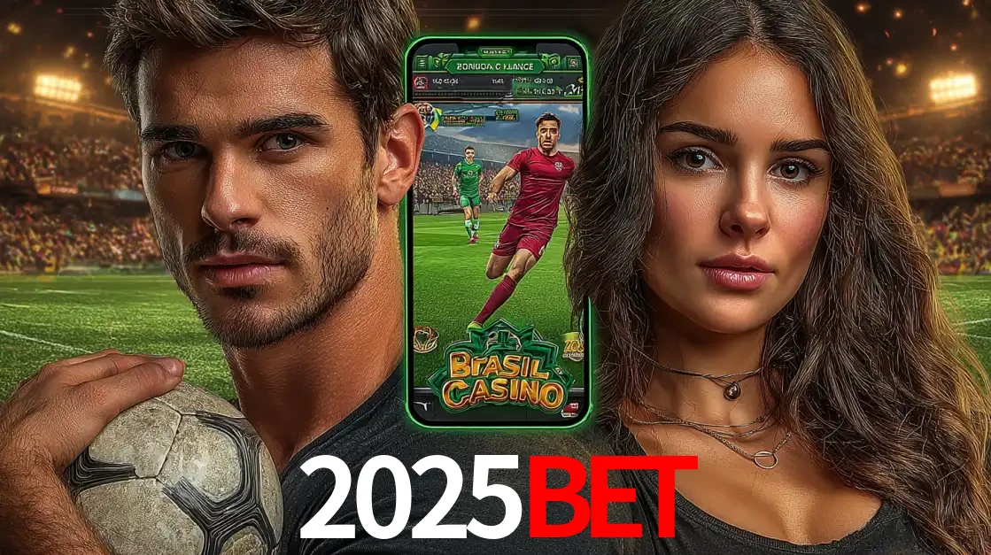 Homem segurando uma bola de futebol e uma mulher ao lado de um smartphone exibindo o jogo de apostas esportivas da 2025bet. Faça seu palpite no cassino online.